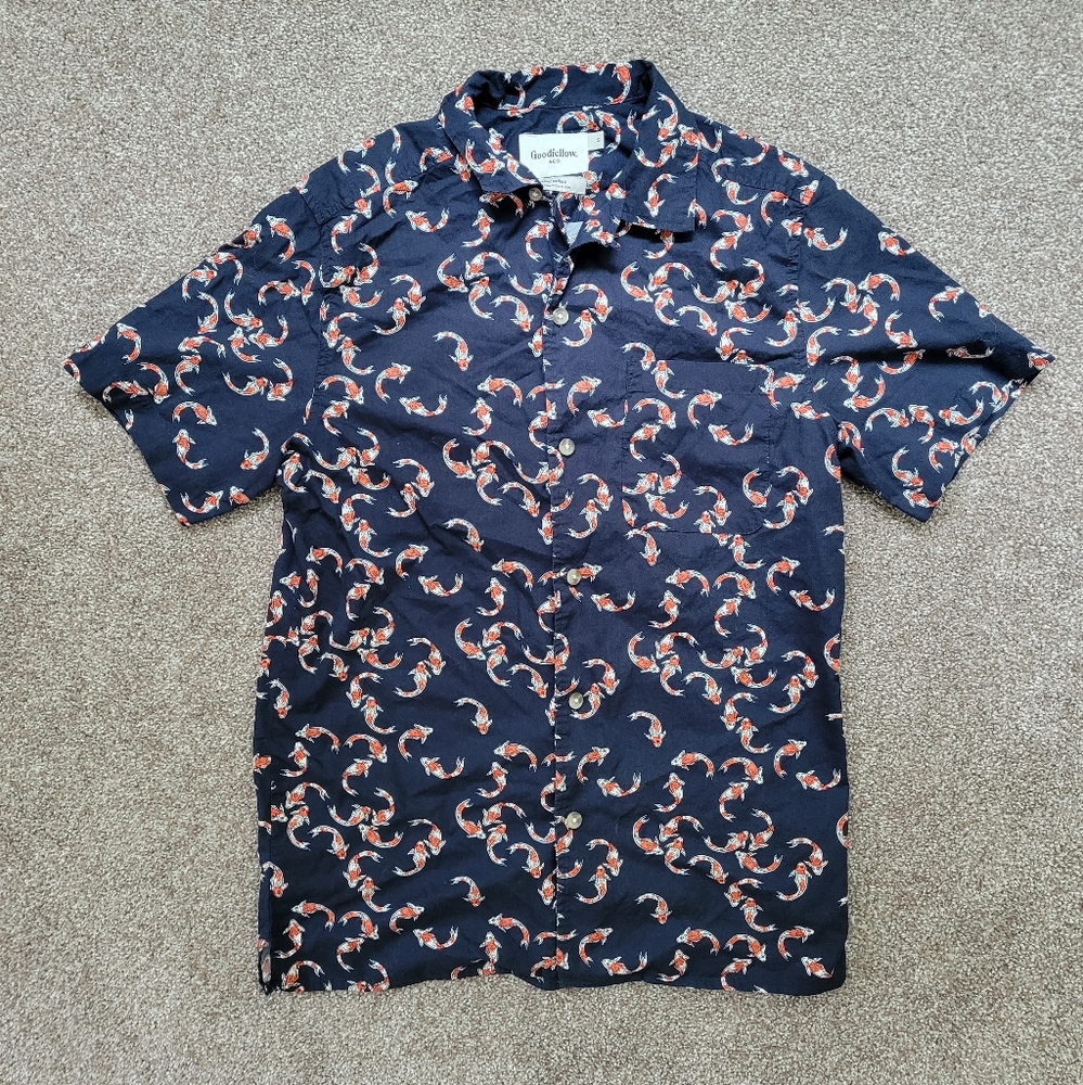 Goodfellow & Co Koi Fish Button Down Shirt, Men's Small, Navy